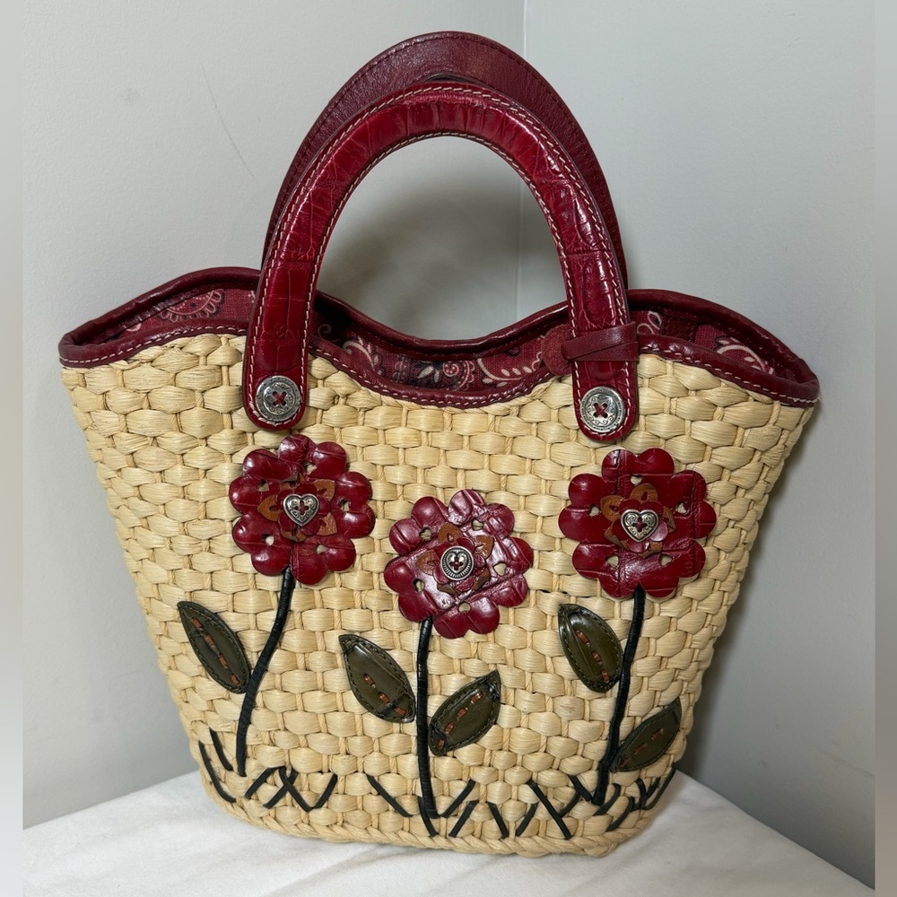 Brighton Beverly Straw Tote Handbag Stylish Woven Tote with Red Leather Accents - Picture 2 of 12
